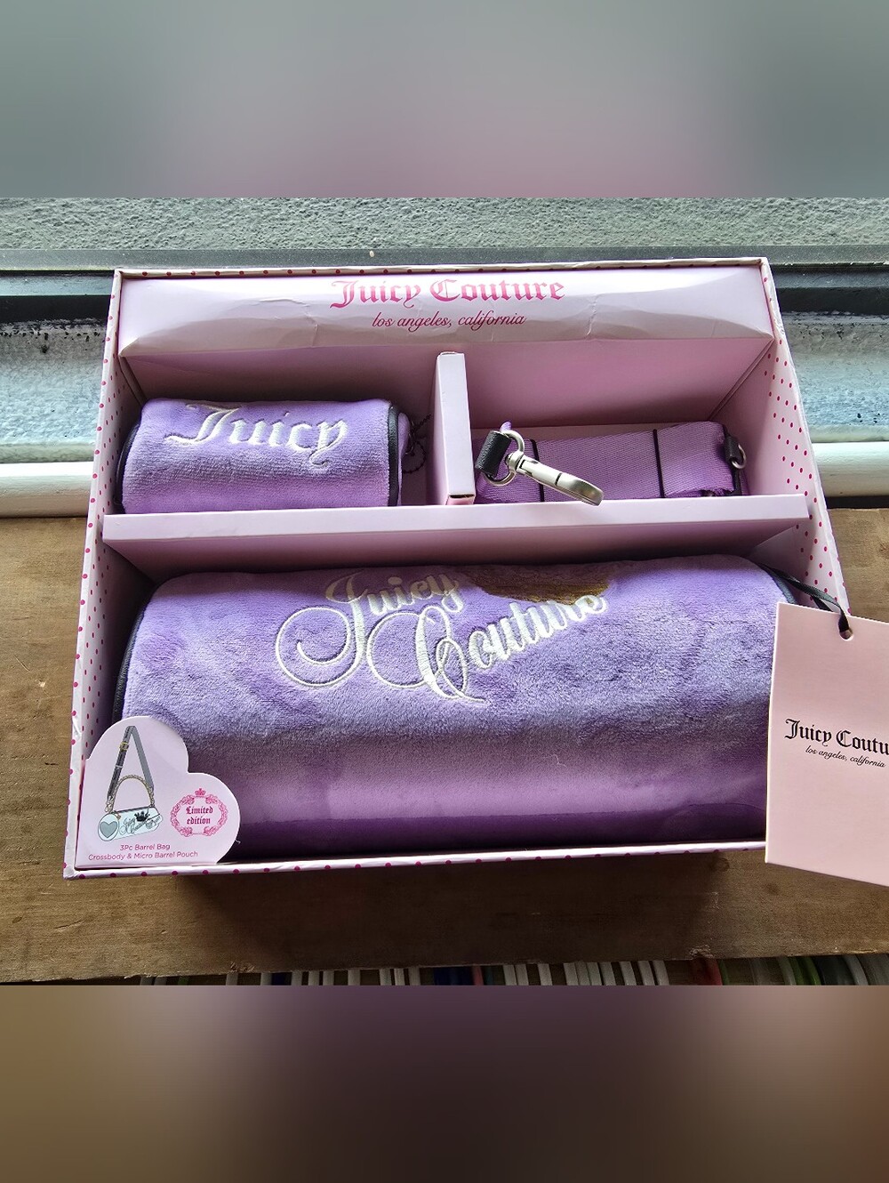 Lavender velour Juicy Couture barrel bag and micro barrel pouch